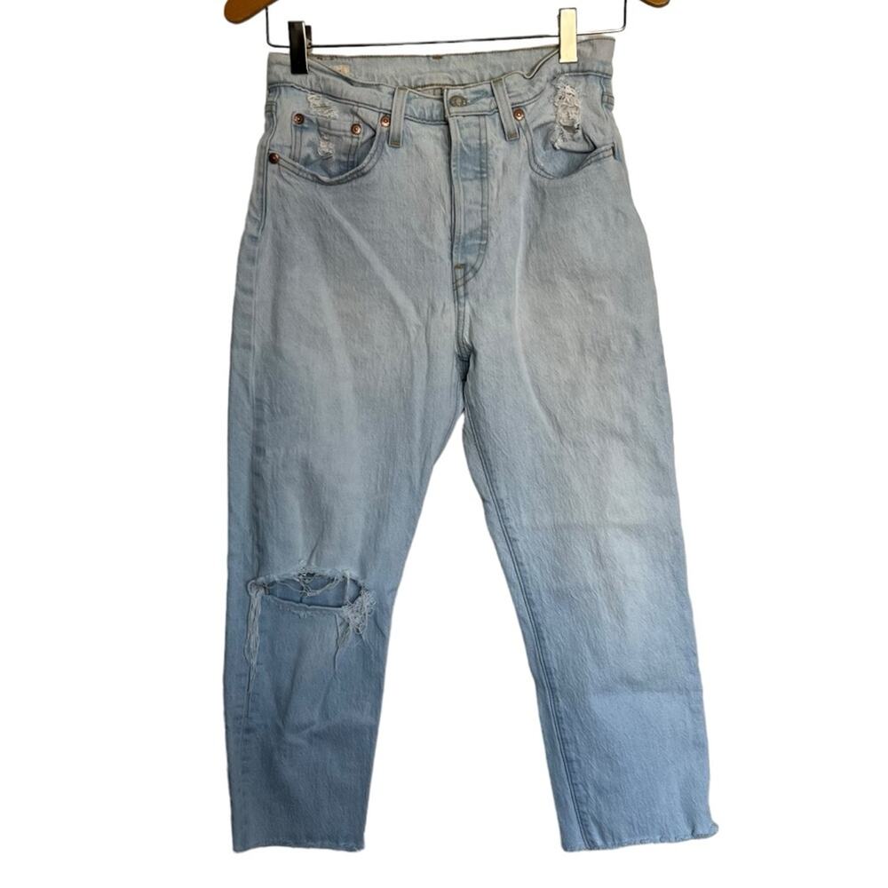 Levi's 501 Crop Jean Shout Out Jeans Slim Straight Leg Distressed Denim Size 27